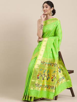 light_lime lime green woven design zari silk blend paithani saree 2