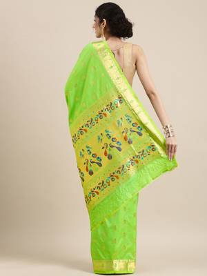 light_lime lime green woven design zari silk blend paithani saree 3