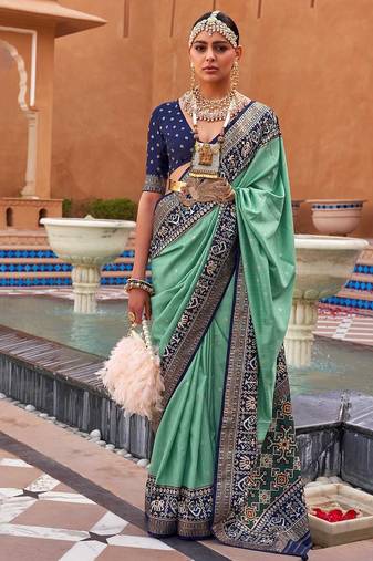 sea_green sea green & blue ethnic motifs woven design silk blend patola saree