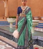 sea_green sea green & blue ethnic motifs woven design silk blend patola saree