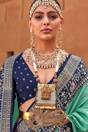 sea_green sea green & blue ethnic motifs woven design silk blend patola saree