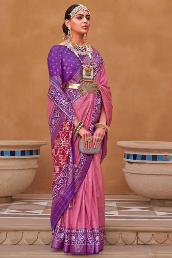 pink pink & purple ethnic motifs woven design silk blend patola saree