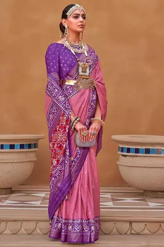 pink pink & purple ethnic motifs woven design silk blend patola saree