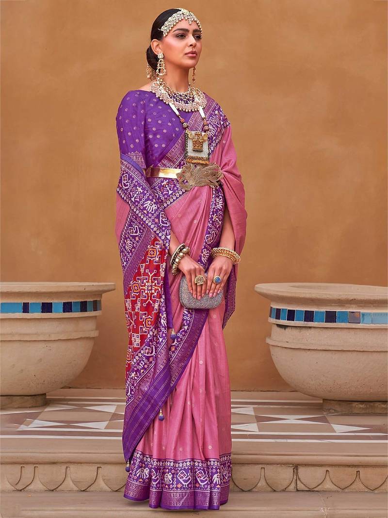 pink pink & purple ethnic motifs woven design silk blend patola saree