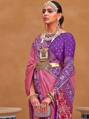 pink pink & purple ethnic motifs woven design silk blend patola saree 2