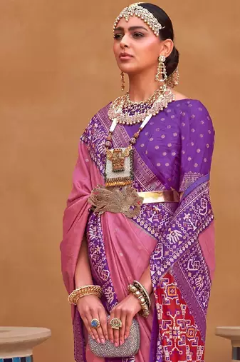 pink pink & purple ethnic motifs woven design silk blend patola saree