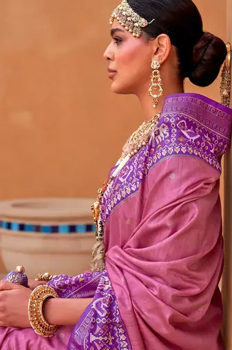 pink pink & purple ethnic motifs woven design silk blend patola saree