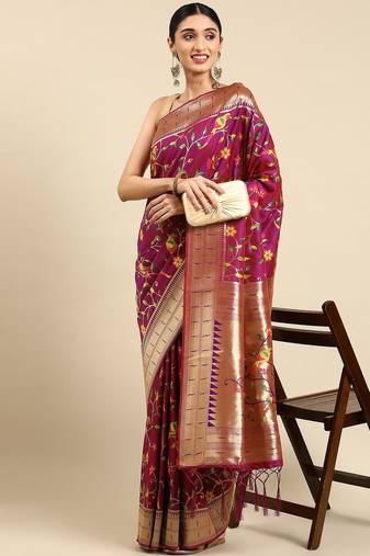 pink ethnic motifs zari silk blend paithani saree