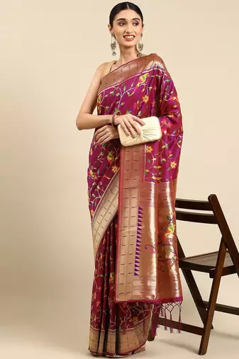 pink ethnic motifs zari silk blend paithani saree