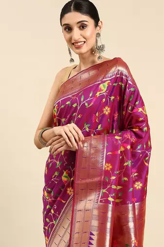 pink ethnic motifs zari silk blend paithani saree