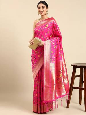 pink ethnic motifs zari silk blend paithani saree 1