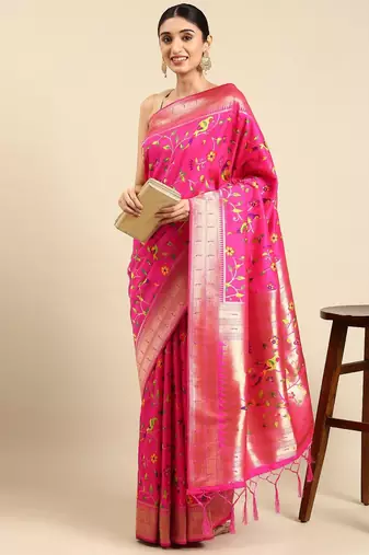 pink ethnic motifs zari silk blend paithani saree