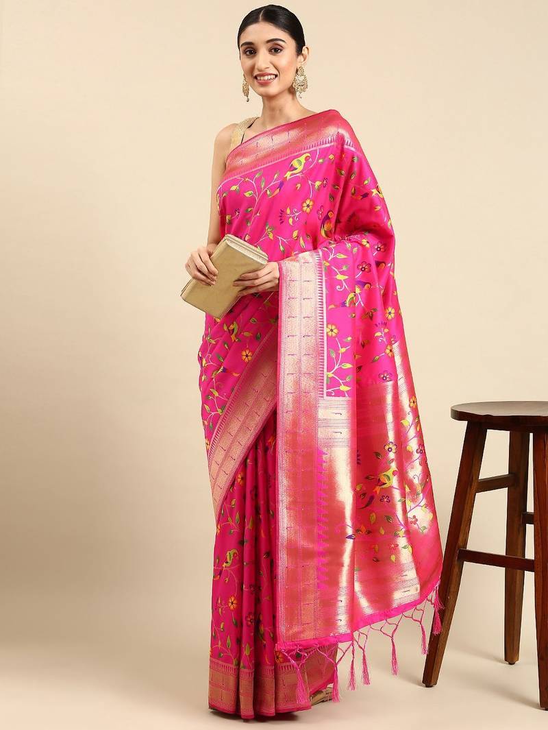pink ethnic motifs zari silk blend paithani saree