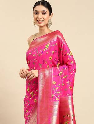 pink ethnic motifs zari silk blend paithani saree 2