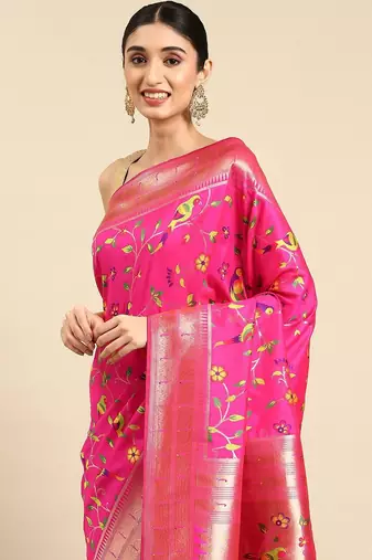 pink ethnic motifs zari silk blend paithani saree
