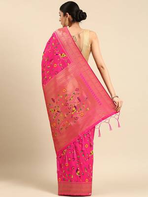pink ethnic motifs zari silk blend paithani saree 3