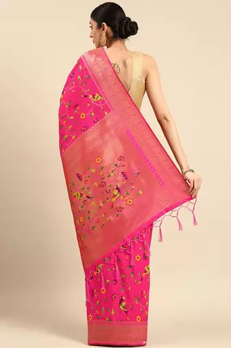 pink ethnic motifs zari silk blend paithani saree