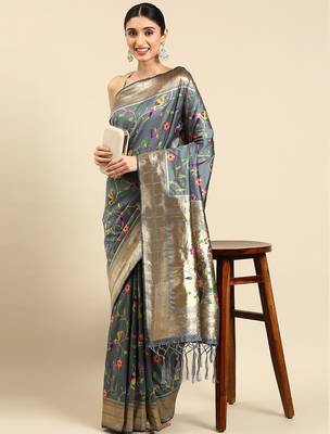 grey ethnic motifs zari silk blend paithani saree 1