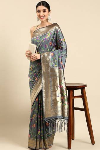 grey ethnic motifs zari silk blend paithani saree