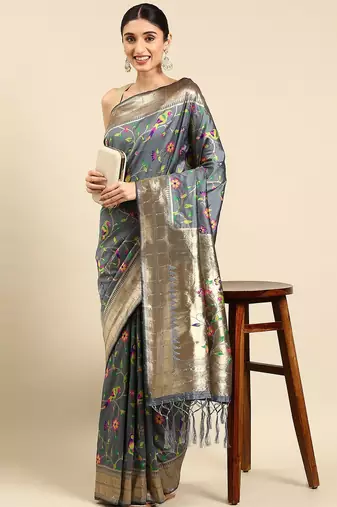 grey ethnic motifs zari silk blend paithani saree