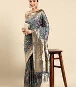 grey ethnic motifs zari silk blend paithani saree
