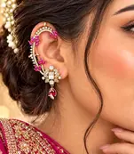 Kundan Red Stone Ear Cuff Earrings, Indian Bridal Jhumka Style Jewelry