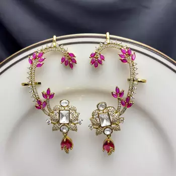 Kundan Red Stone Ear Cuff Earrings, Indian Bridal Jhumka Style Jewelry 2