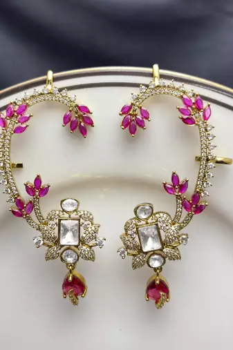 Kundan Red Stone Ear Cuff Earrings, Indian Bridal Jhumka Style Jewelry