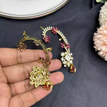 Kundan Red Stone Ear Cuff Earrings, Indian Bridal Jhumka Style Jewelry 3