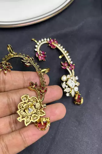 Kundan Red Stone Ear Cuff Earrings, Indian Bridal Jhumka Style Jewelry