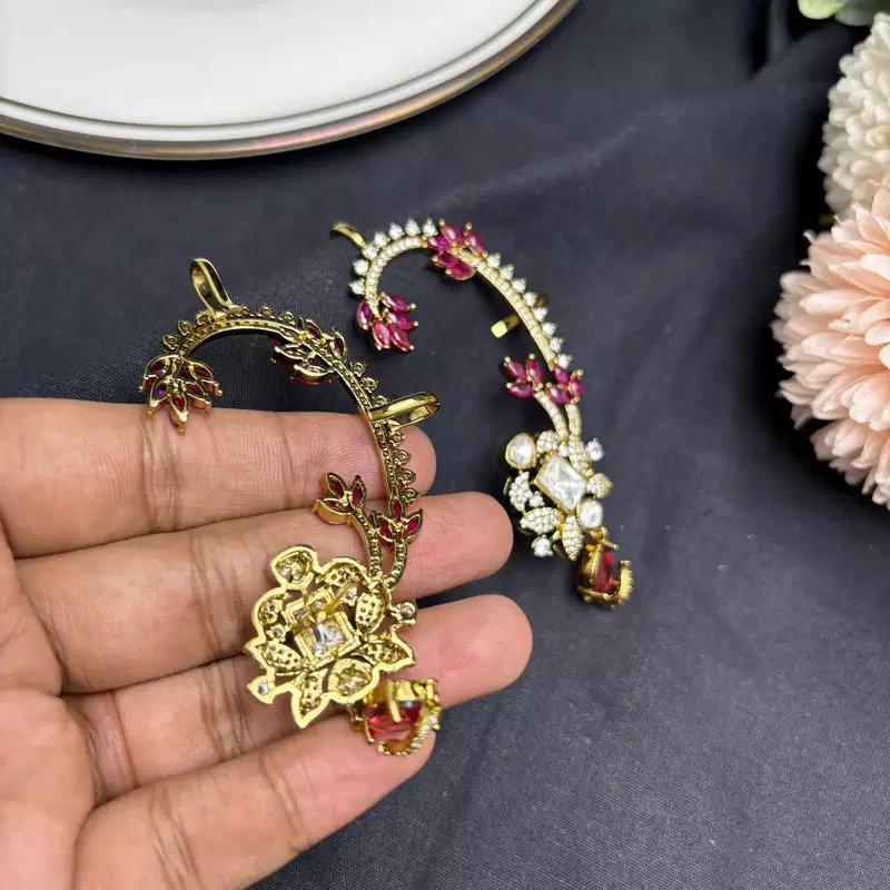 Kundan Red Stone Ear Cuff Earrings, Indian Bridal Jhumka Style Jewelry
