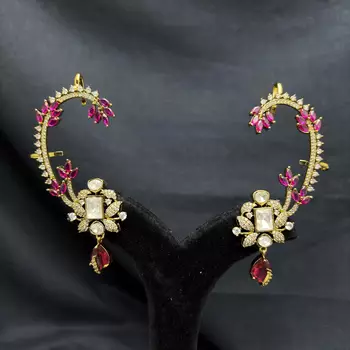 Kundan Red Stone Ear Cuff Earrings, Indian Bridal Jhumka Style Jewelry 4
