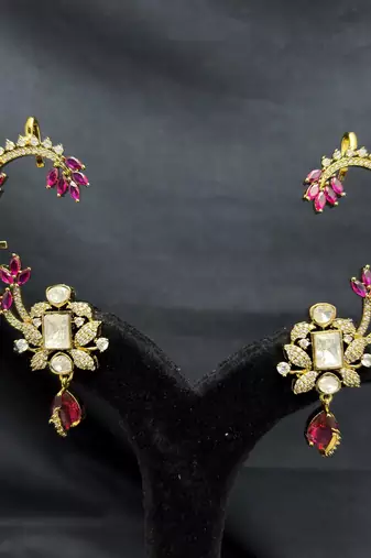 Kundan Red Stone Ear Cuff Earrings, Indian Bridal Jhumka Style Jewelry