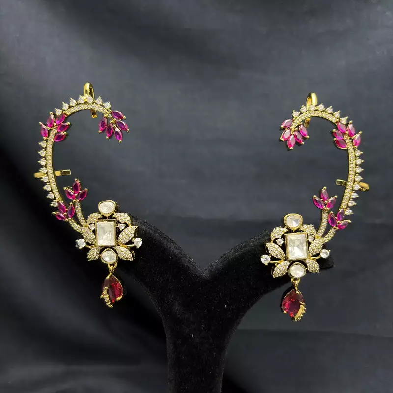 Kundan Red Stone Ear Cuff Earrings, Indian Bridal Jhumka Style Jewelry