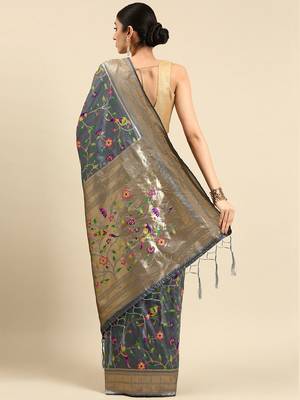 grey ethnic motifs zari silk blend paithani saree 3