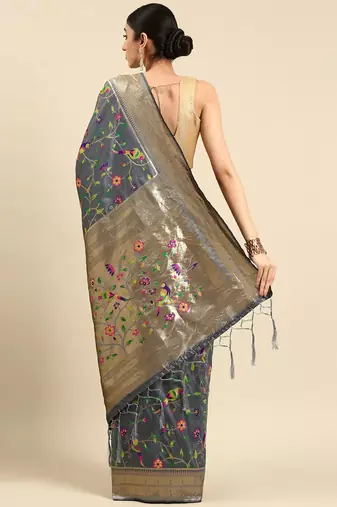 grey ethnic motifs zari silk blend paithani saree