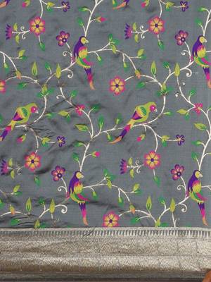 grey ethnic motifs zari silk blend paithani saree 4