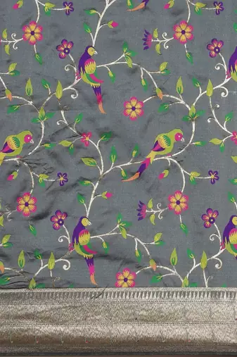 grey ethnic motifs zari silk blend paithani saree