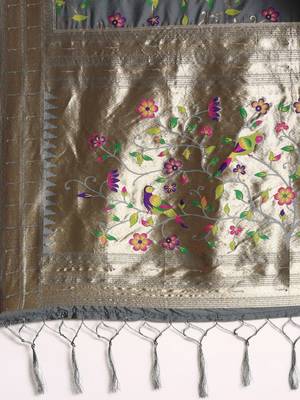 grey ethnic motifs zari silk blend paithani saree 5