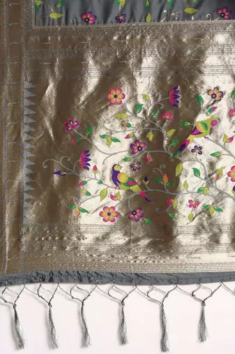 grey ethnic motifs zari silk blend paithani saree