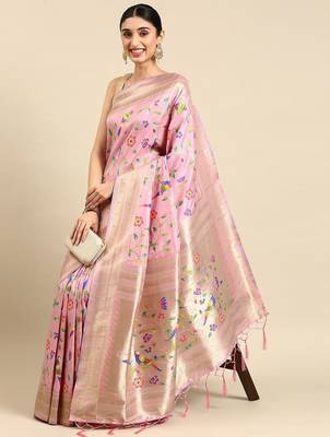 pink woven design zari silk blend paithani saree 1