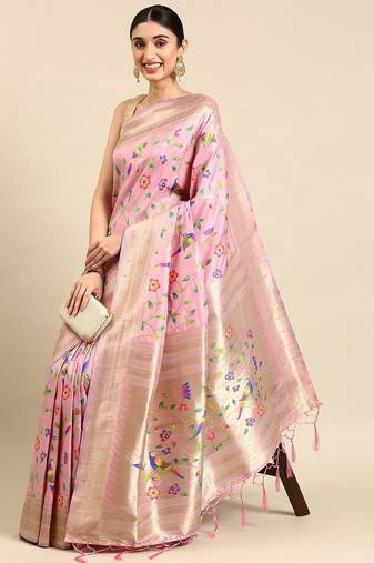 pink woven design zari silk blend paithani saree