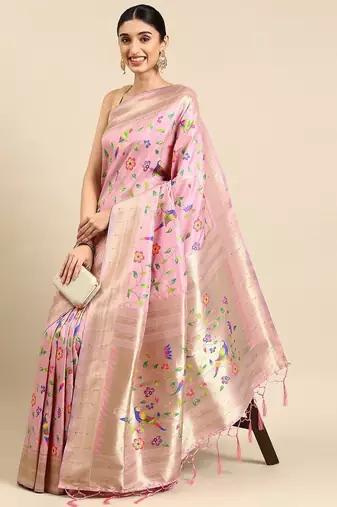 pink woven design zari silk blend paithani saree
