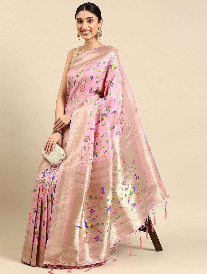 pink woven design zari silk blend paithani saree
