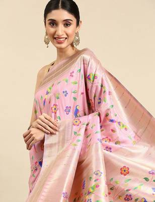 pink woven design zari silk blend paithani saree 2