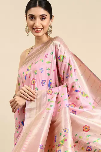 pink woven design zari silk blend paithani saree