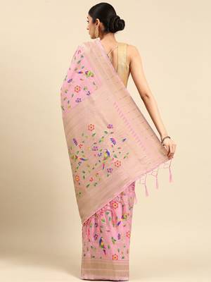 pink woven design zari silk blend paithani saree 3