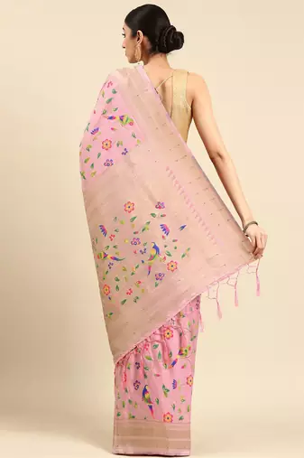 pink woven design zari silk blend paithani saree