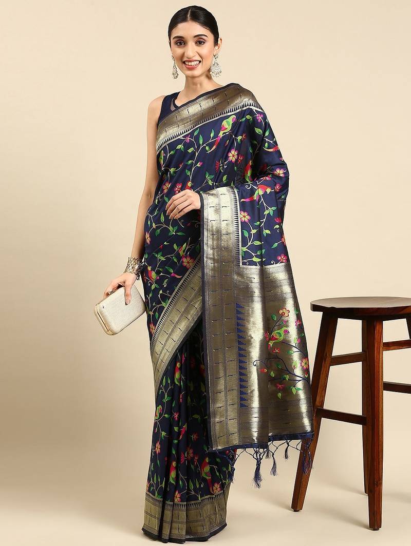 navy_blue ethnic motifs zari silk blend paithani saree