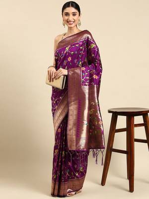 purple ethnic motifs zari silk blend paithani saree 1